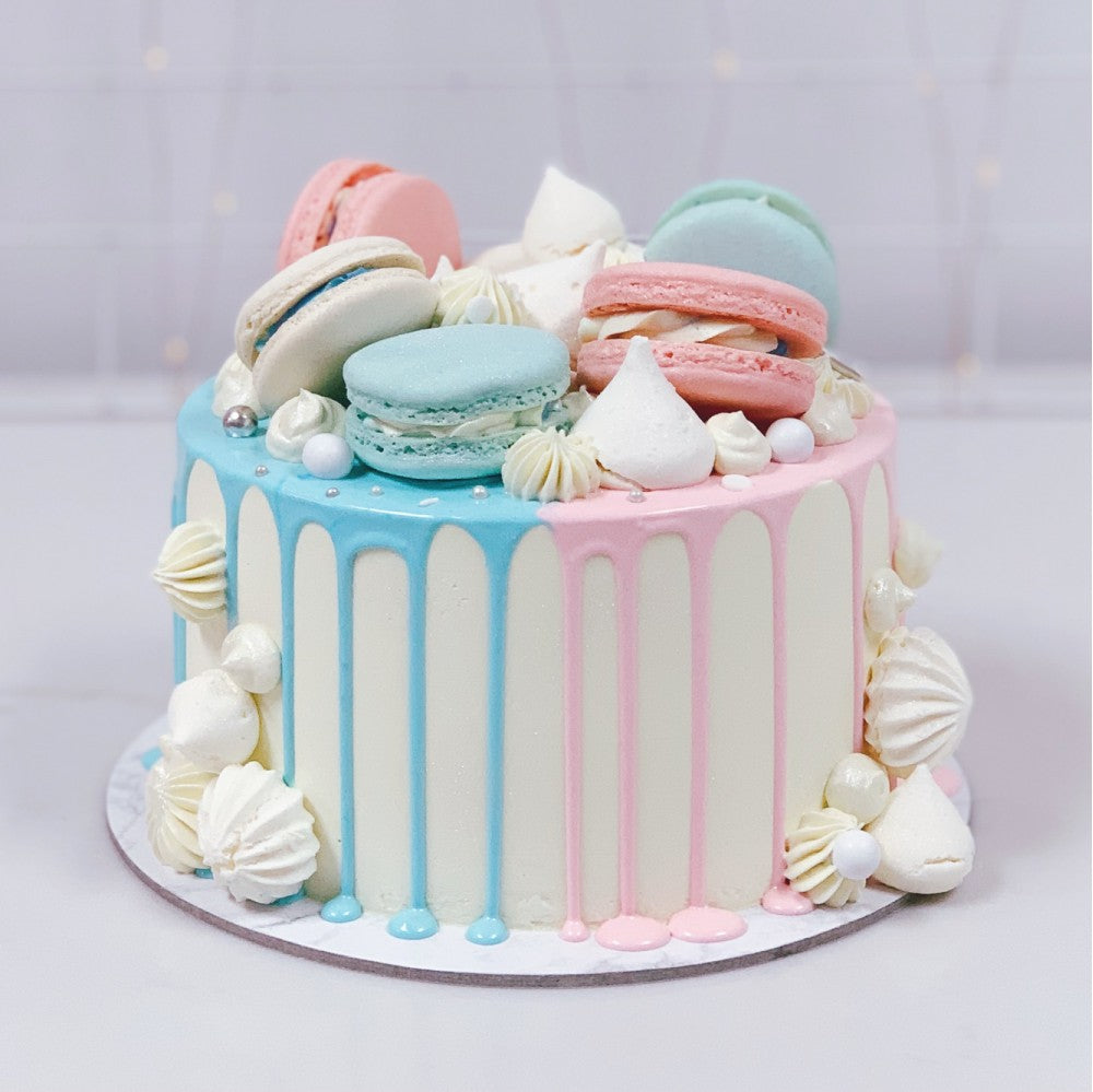 Blue and Pink Macarons Drip Cake