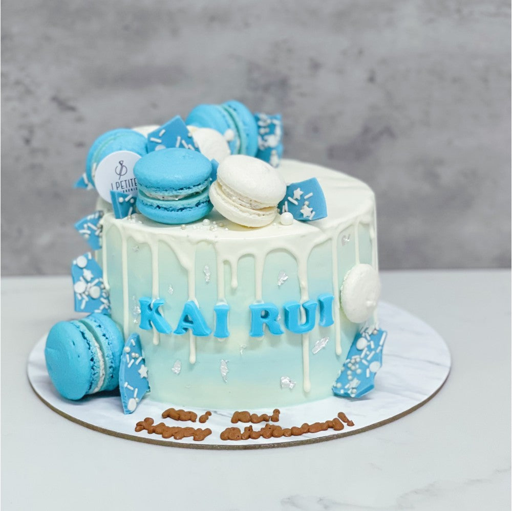 Serene Blue and White Macarons Elegance Cake