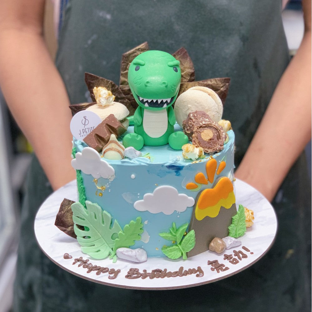 Dinosaur Cake with Volcano and Chocolate Toppings
