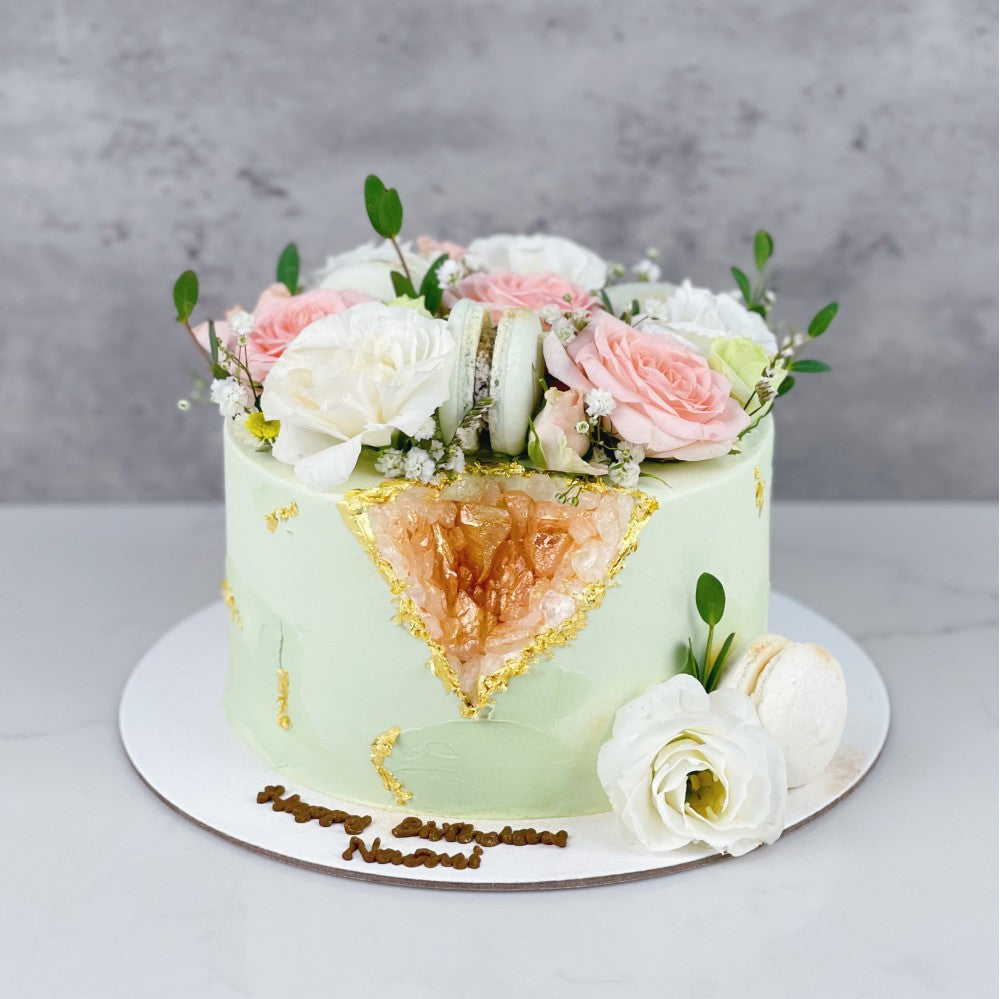 Elegant Mint Geode Floral Cake